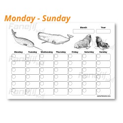 FREE Printable Blank Monthly Calendar (Monday-Sunday): Sea Mammals