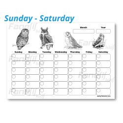 FREE Printable Blank Monthly Calendar (Sunday-Saturday): Owls