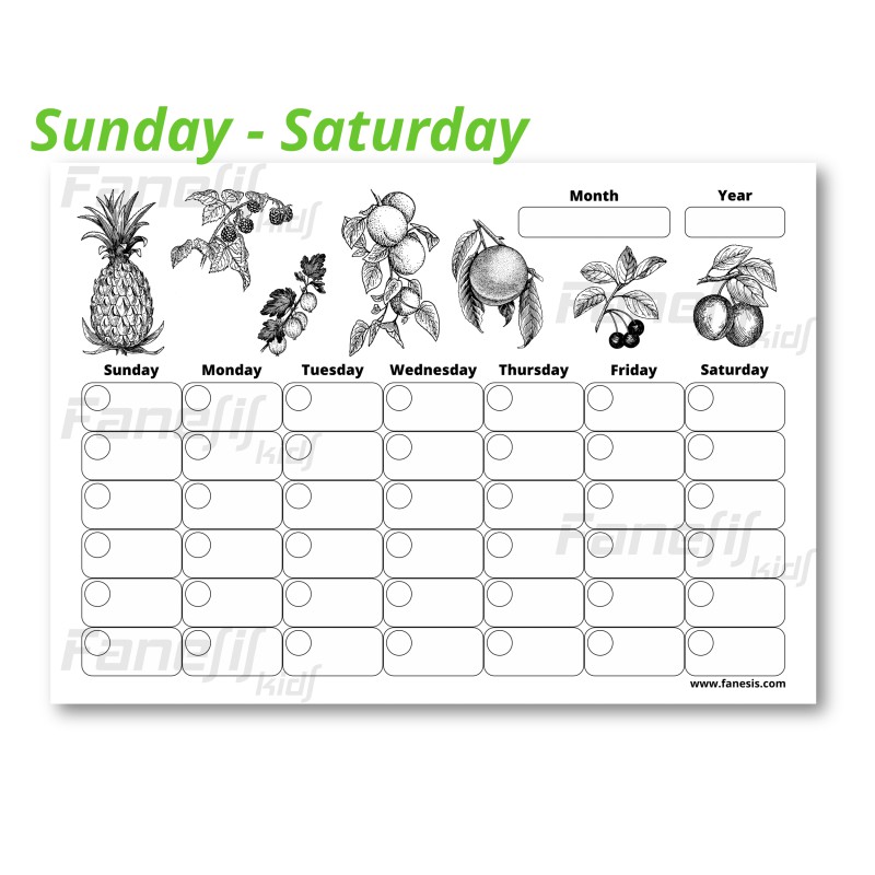 FREE Printable Blank Monthly Calendar (Sunday-Saturday): Fruits