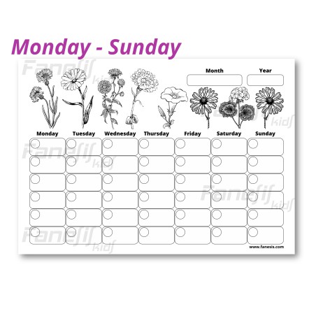 FREE Printable Blank Monthly Calendar (Monday-Sunday): Flowers