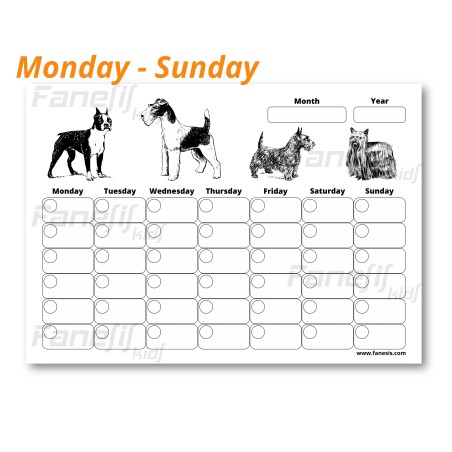 FREE Printable Blank Monthly Calendar (Monday-Sunday): Terrier Dogs