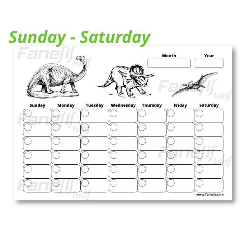 FREE Printable Blank Monthly Calendar (Sunday-Saturday): Dinosaurs