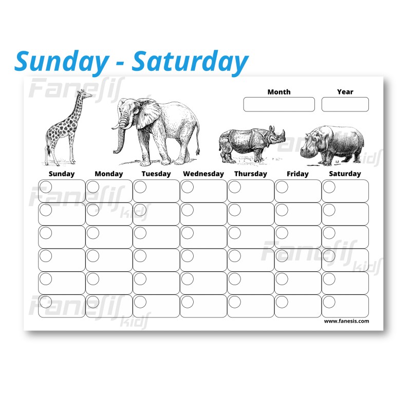 FREE Printable Blank Monthly Calendar (Sunday-Saturday): African Animals