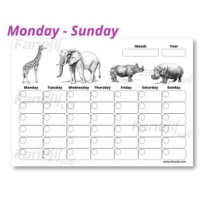 free printable blank monthly calendar (monday sunday): african animals