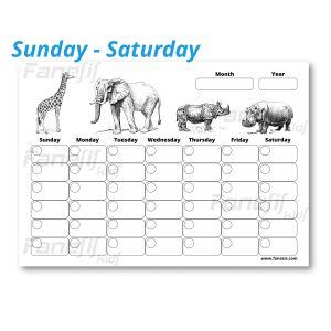 free printable blank monthly calendar (sunday saturday): african animals