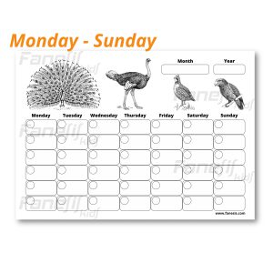 free printable blank monthly calendar (monday sunday): birds