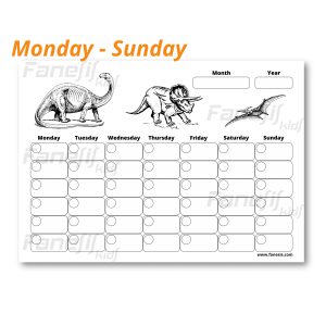 free printable blank monthly calendar (monday sunday): dinosaurs