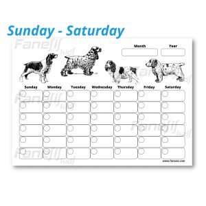 free printable blank monthly calendar (sunday saturday): spaniel dogs