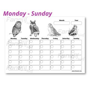 free printable blank monthly calendar (monday sunday): owls