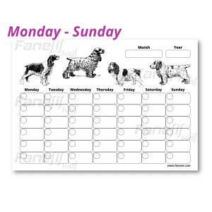 free printable blank monthly calendar (monday sunday): spaniel dogs