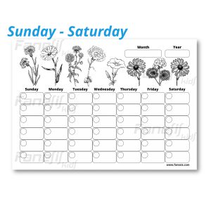 free printable blank monthly calendar (sunday saturday): flowers