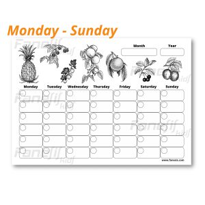free printable blank monthly calendar (monday sunday): fruits